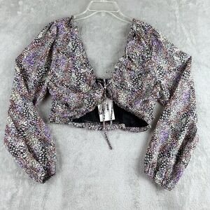 Storia Top Womens Medium Black Purple Ditsy Floral Ruffled Cropped Boho Festival